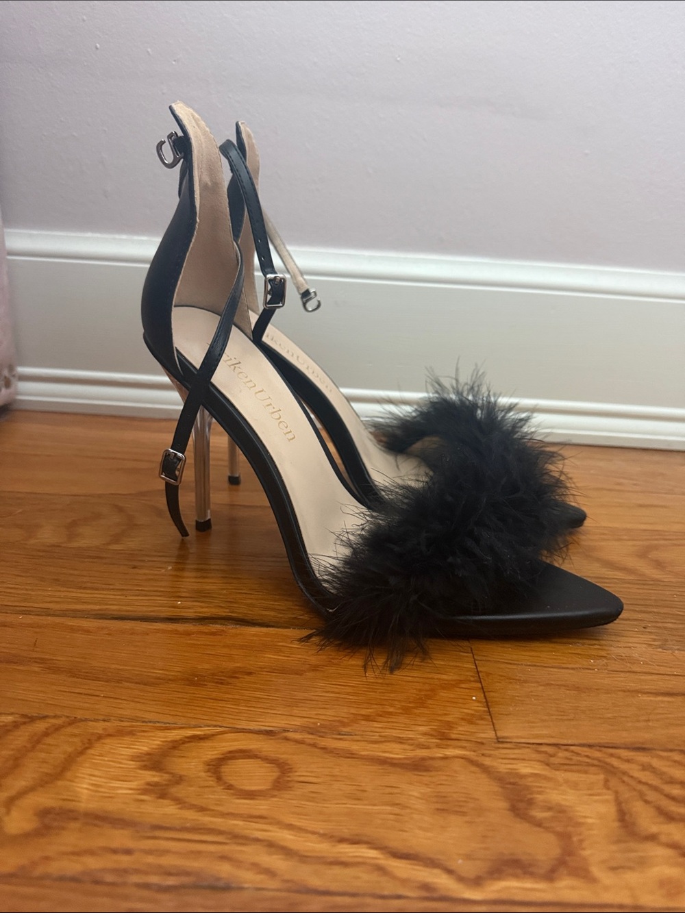 Faux-Fur Strap Black High Heel Sandals